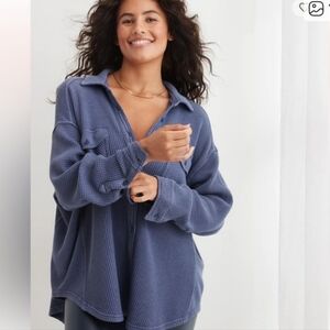 Aerie Oversized Waffle Knit Button-Down Shirt Jacket in Slate Blue